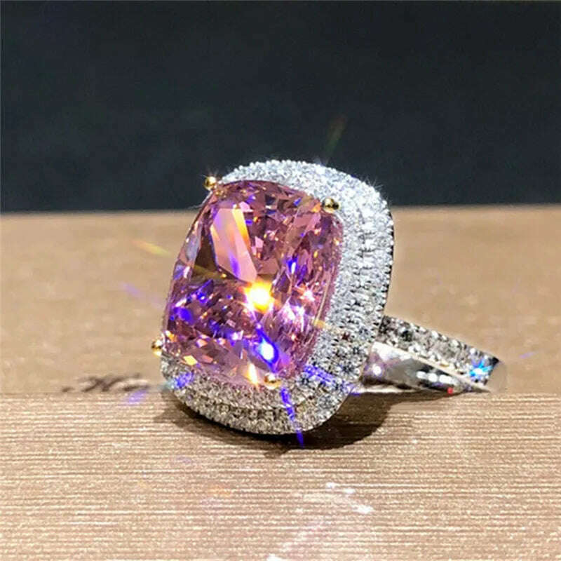 Huitan Personality Big Pink Cubic Zirconia Wedding Rings for Women Romantic Bridal Marriage Ceremony Party Rings Fashion Jewelry - KIMLUD