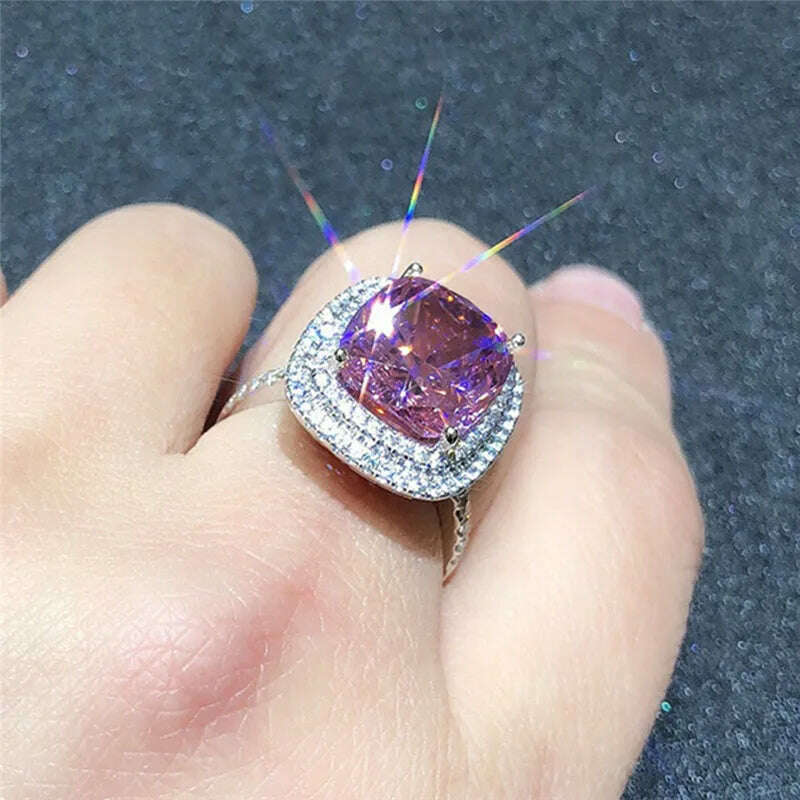 Huitan Personality Big Pink Cubic Zirconia Wedding Rings for Women Romantic Bridal Marriage Ceremony Party Rings Fashion Jewelry - KIMLUD