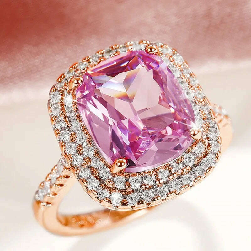 Huitan Personality Big Pink Cubic Zirconia Wedding Rings for Women Romantic Bridal Marriage Ceremony Party Rings Fashion Jewelry - KIMLUD