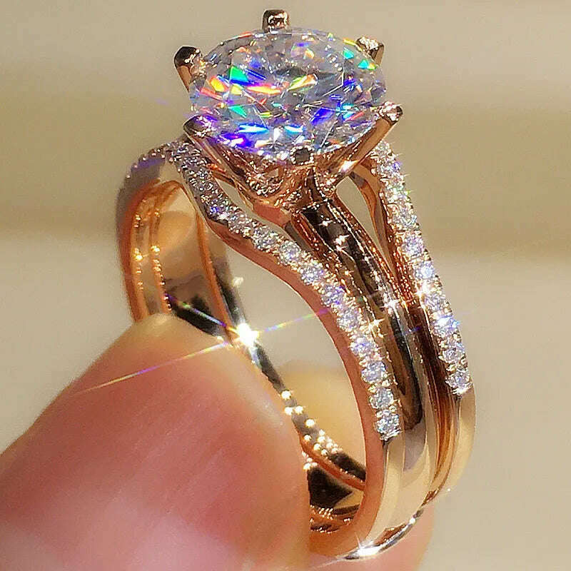 Huitan Unique Rose Gold Color Rings for Women Classic 6 Claws Designed Cubic Zirconia Rings Wedding Engagement Bands Hot Jewelry - KIMLUD