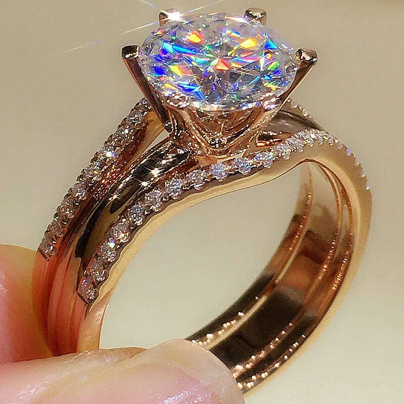 Huitan Unique Rose Gold Color Rings for Women Classic 6 Claws Designed Cubic Zirconia Rings Wedding Engagement Bands Hot Jewelry - KIMLUD