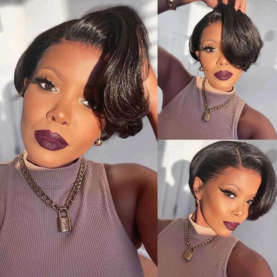 Human Hair 13X2 Wigs Short Pixie Cut Wigs Straight Bob HD Transparent ISEE Lace Frontal Wigs For Black Women 250Density Perruque - KIMLUD