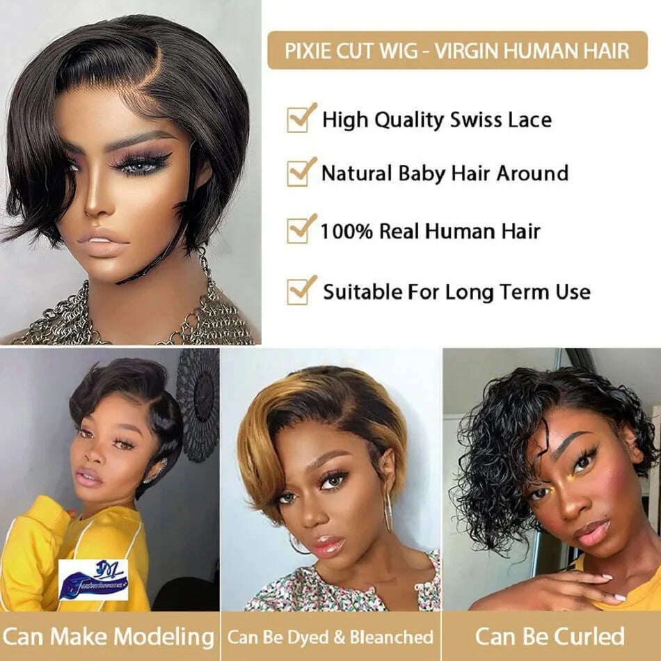 Human Hair 13X2 Wigs Short Pixie Cut Wigs Straight Bob HD Transparent ISEE Lace Frontal Wigs For Black Women 250Density Perruque - KIMLUD