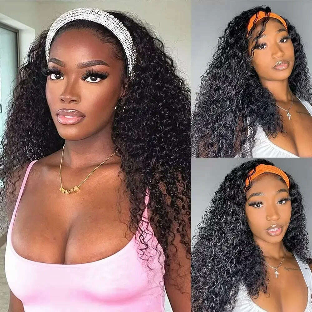 Human Hair Headband Wig Kinky Curly Glueless Full Machine Made Brazilian Remy Human Hair Wigs For Women 180% Density EMOL Hair - KIMLUD