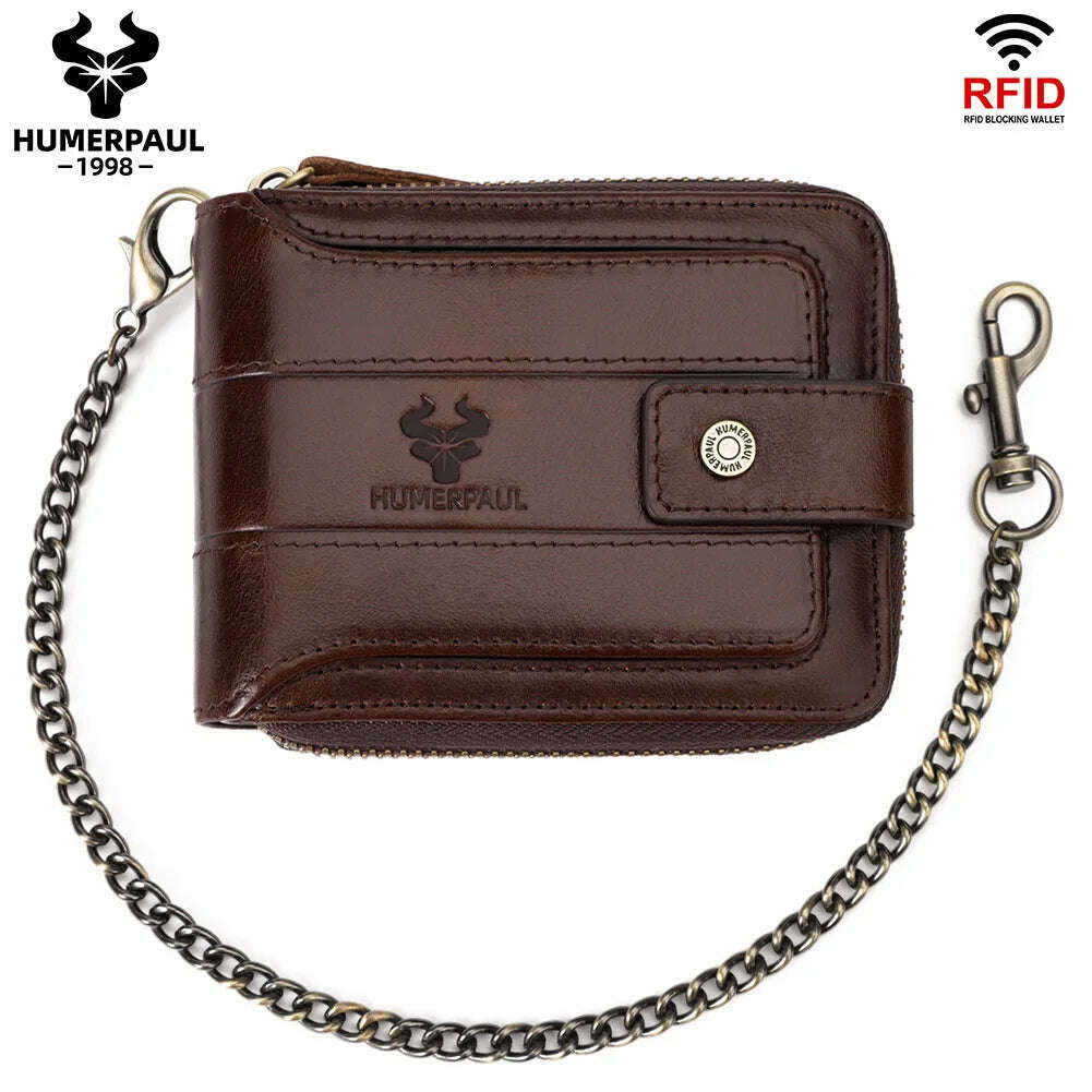 HUMERPAUL Genuine Leather Men's Wallet RFID Male Credit Card Holder with ID Window Multifunction Storage Bag Zipper Coin Purse - KIMLUD