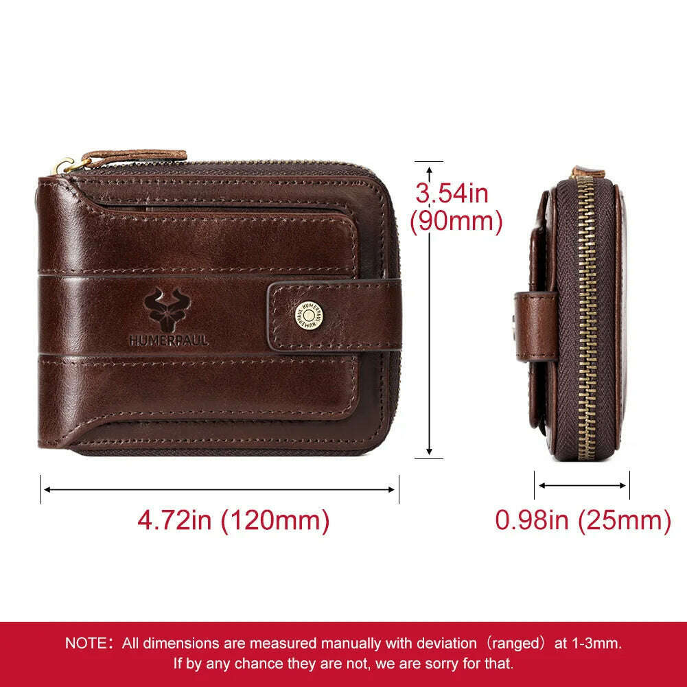 HUMERPAUL Genuine Leather Men's Wallet RFID Male Credit Card Holder with ID Window Multifunction Storage Bag Zipper Coin Purse - KIMLUD