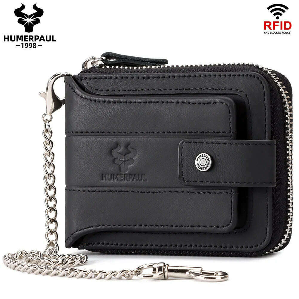 HUMERPAUL Genuine Leather Men's Wallet RFID Male Credit Card Holder with ID Window Multifunction Storage Bag Zipper Coin Purse - KIMLUD