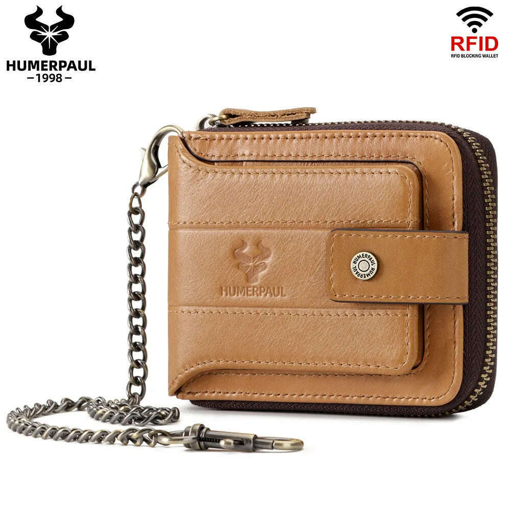 KIMLUD, HUMERPAUL Genuine Leather Men's Wallet RFID Male Credit Card Holder with ID Window Multifunction Storage Bag Zipper Coin Purse, brown, KIMLUD APPAREL - Womens Clothes