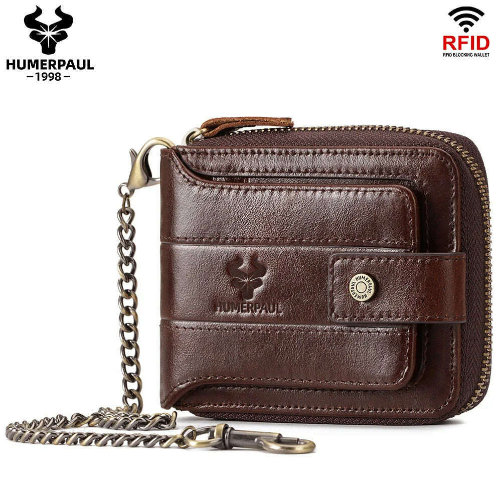 HUMERPAUL Genuine Leather Men's Wallet RFID Male Credit Card Holder with ID Window Multifunction Storage Bag Zipper Coin Purse - KIMLUD