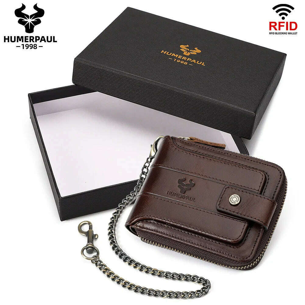 HUMERPAUL Genuine Leather Men's Wallet RFID Male Credit Card Holder with ID Window Multifunction Storage Bag Zipper Coin Purse - KIMLUD