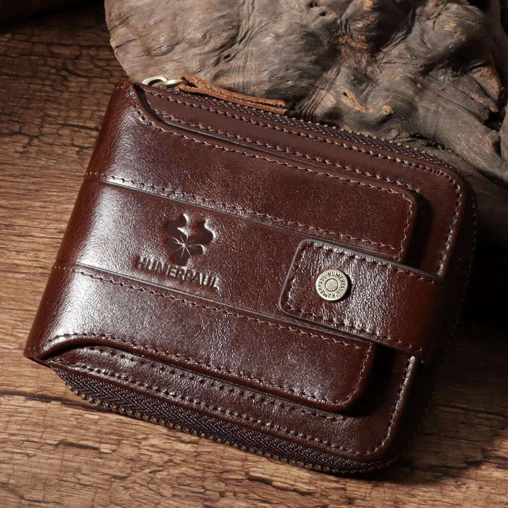 HUMERPAUL Genuine Leather Men's Wallet RFID Male Credit Card Holder with ID Window Multifunction Storage Bag Zipper Coin Purse - KIMLUD