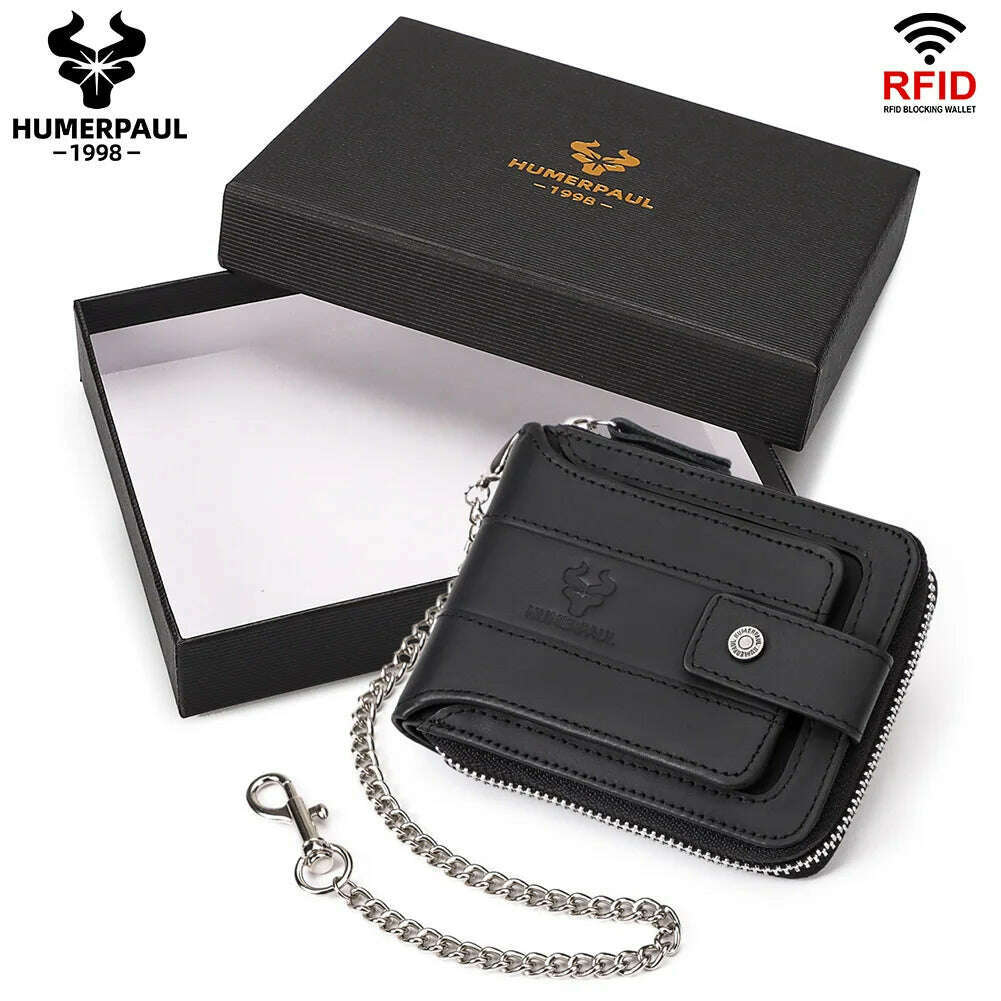 KIMLUD, HUMERPAUL Genuine Leather Men's Wallet RFID Male Credit Card Holder with ID Window Multifunction Storage Bag Zipper Coin Purse, black box, KIMLUD APPAREL - Womens Clothes