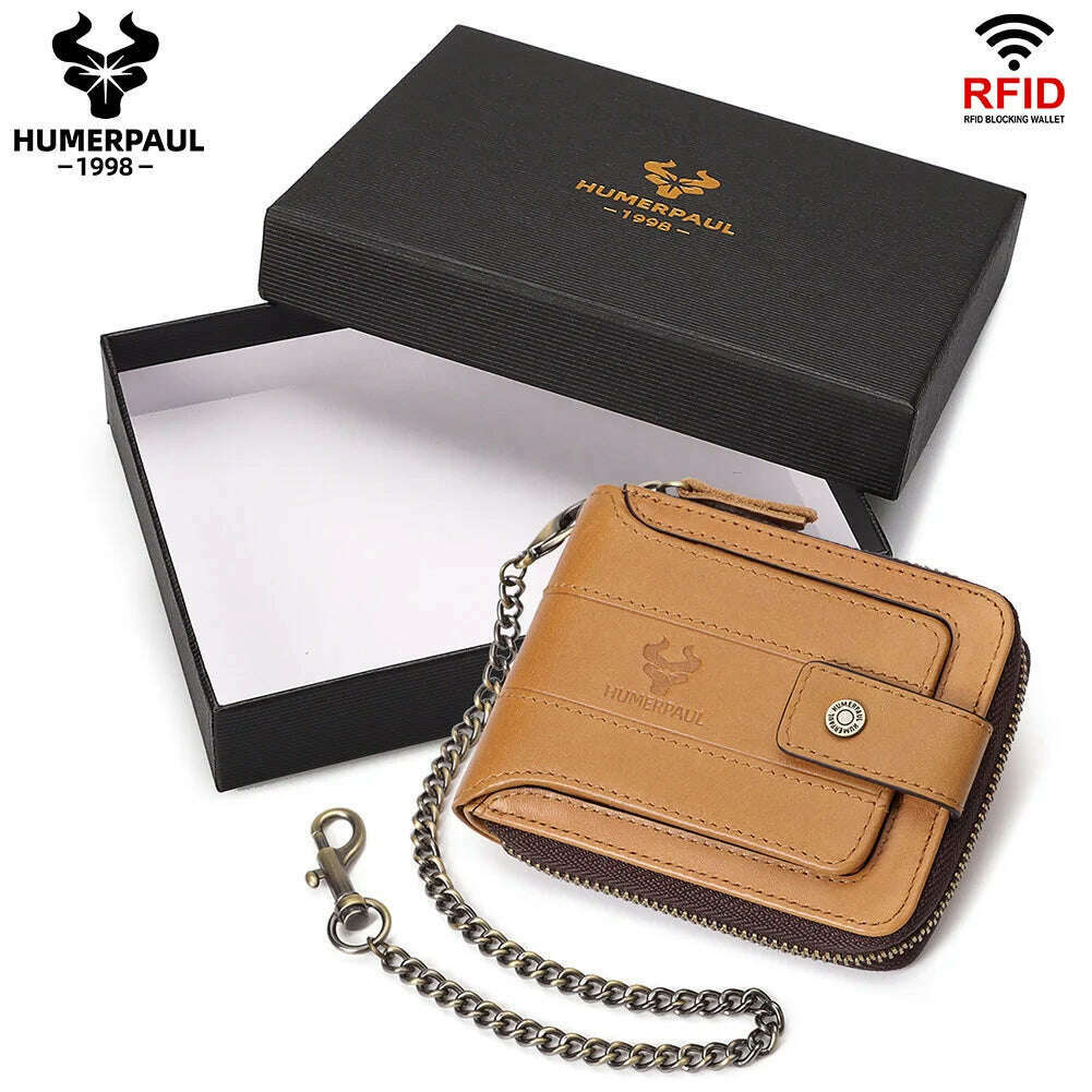 HUMERPAUL Genuine Leather Men's Wallet RFID Male Credit Card Holder with ID Window Multifunction Storage Bag Zipper Coin Purse - KIMLUD