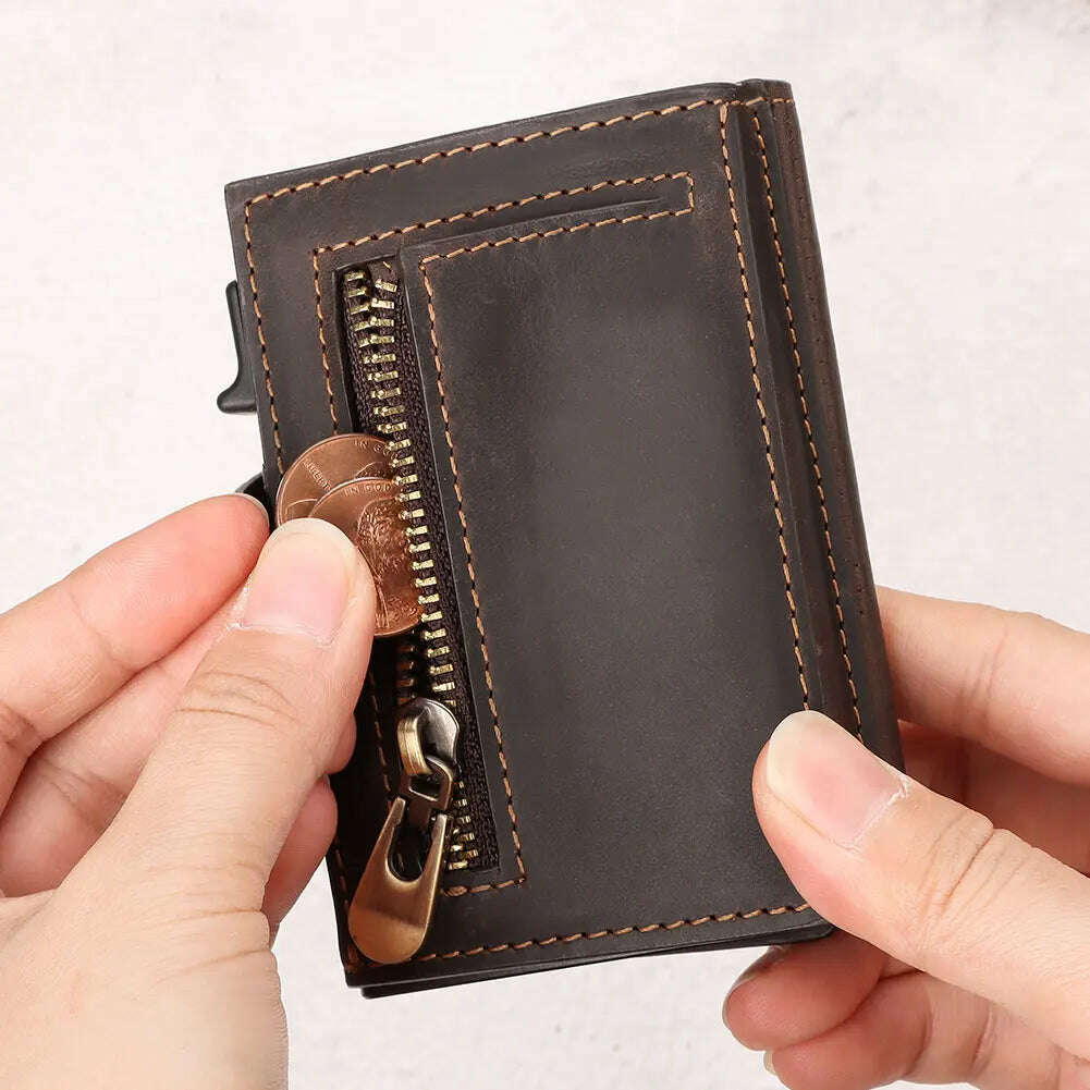 HUMERPAUL Smart Pop Up Card Wallet for Men RFID Genuine Leather Card Case Slim Women Zip Coin Purse with Notes Compartment - KIMLUD