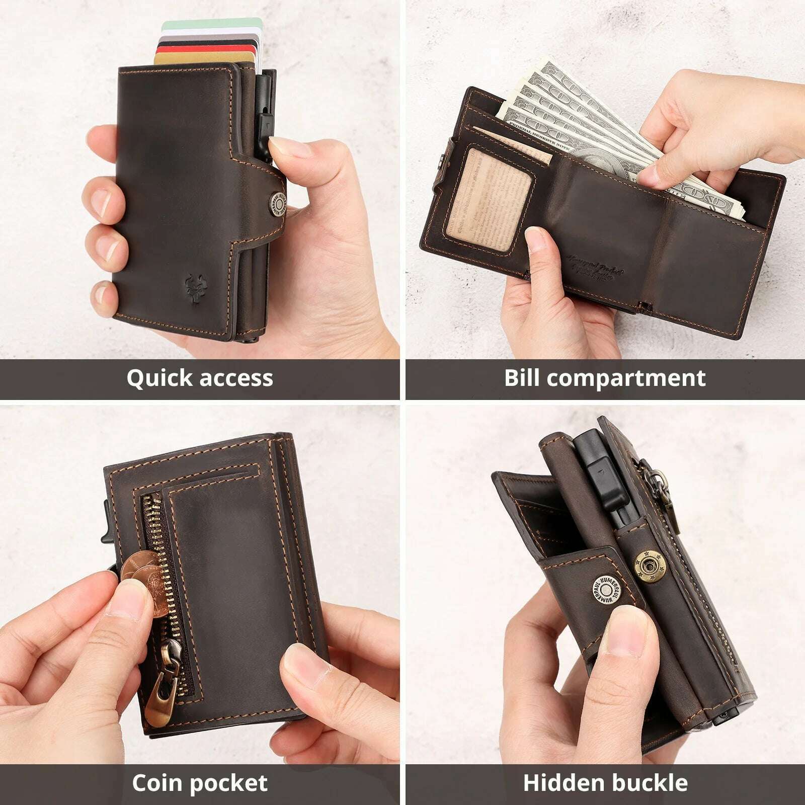 HUMERPAUL Smart Pop Up Card Wallet for Men RFID Genuine Leather Card Case Slim Women Zip Coin Purse with Notes Compartment - KIMLUD