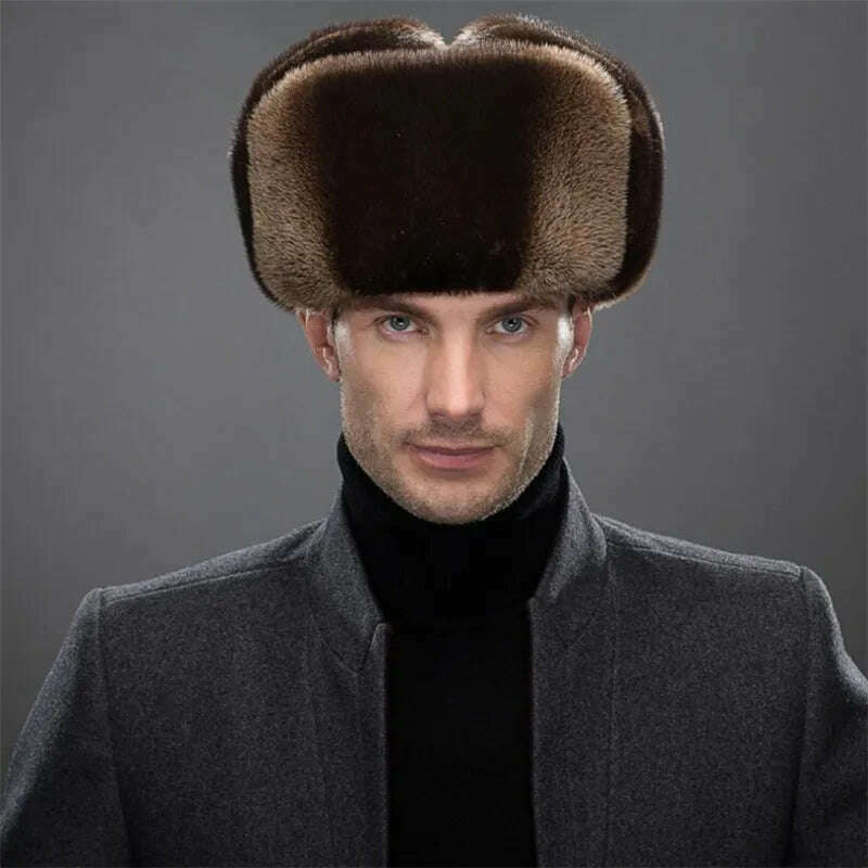 KIMLUD, IANLAN Fashion Mens Import Full-pelt Otter Fur Bomber Hats Solid Russian Style Winter Windproof Lutra Fur Earmuffs Hats IL00246, Head Girth - 56cm, KIMLUD APPAREL - Womens Clothes