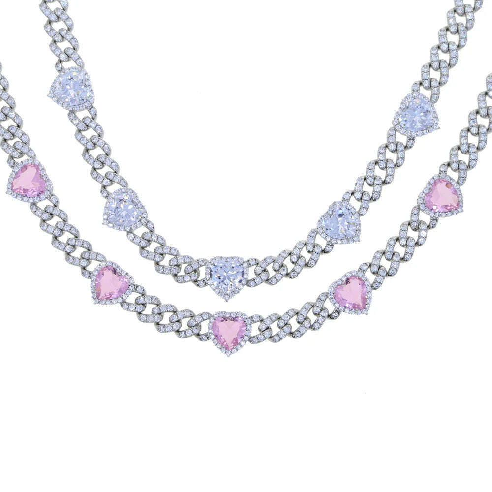 Iced Out Bling Cubic Zirconia 11mm Miami Cuban Link Chain Hearts Necklace Pink Heart CZ Charm Choker Jewelry Hiphop For Women - KIMLUD