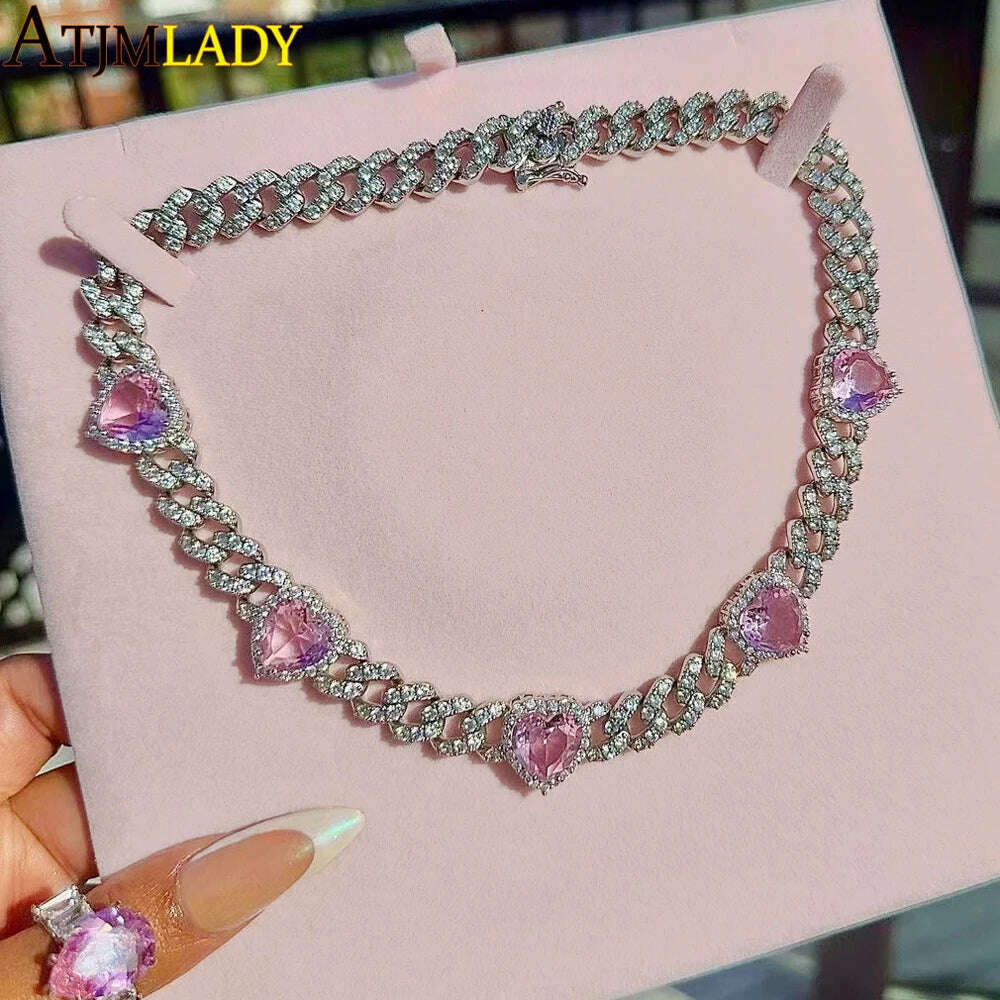 Iced Out Bling Cubic Zirconia 11mm Miami Cuban Link Chain Hearts Necklace Pink Heart CZ Charm Choker Jewelry Hiphop For Women - KIMLUD