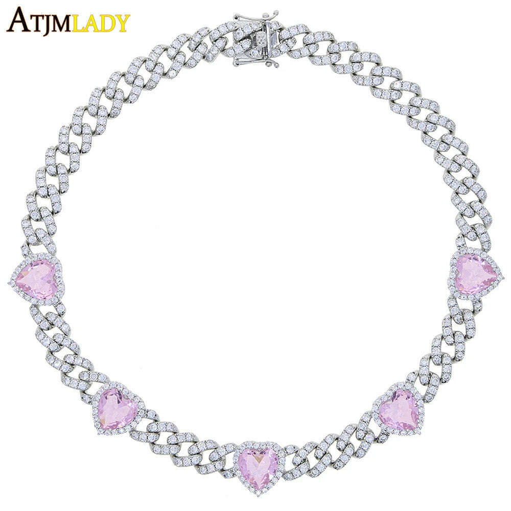 KIMLUD, Iced Out Bling Cubic Zirconia 11mm Miami Cuban Link Chain Hearts Necklace Pink Heart CZ Charm Choker Jewelry Hiphop For Women, Silver Pink / 41cm, KIMLUD APPAREL - Womens Clothes