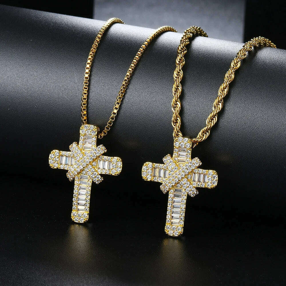 Iced Out Pendants Cross Necklaces for Women Hip Hop Gold Color Zircon Neck Chain Streetwear Hippie Jewelry Christmas Gift OHP142 - KIMLUD