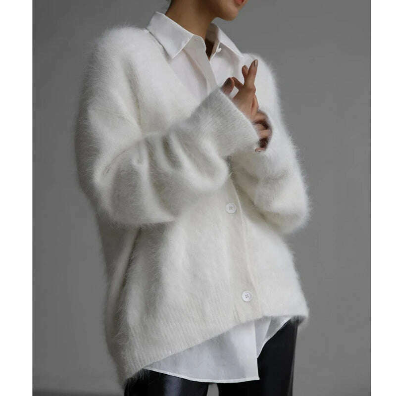 KIMLUD, Imitation Mink Cardigan Women Autumn Long Sleeve V Neck Knitted Sweater Female Elegant Vintage Fashion Single Breasted Knitwears, White / S, KIMLUD APPAREL - Womens Clothes