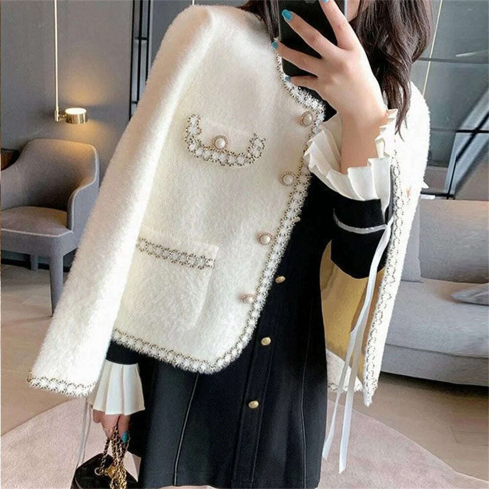 KIMLUD, Imitation Mink Cashmere Sweater Jacket Women Autumn Winter Korean O-Neck Loose Knitted Cardigan Female Fashion Basic Coat, WHITE / XXL, KIMLUD APPAREL - Womens Clothes