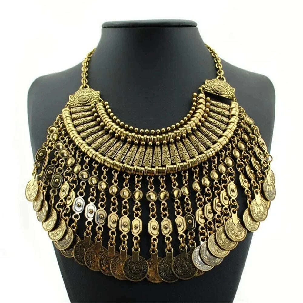 Indian Ethnic Vintage Coins Tassel Statement Necklace Women Jewelry Sets Boho Retro Metal Large Collar Choker Necklace Earrings - KIMLUD