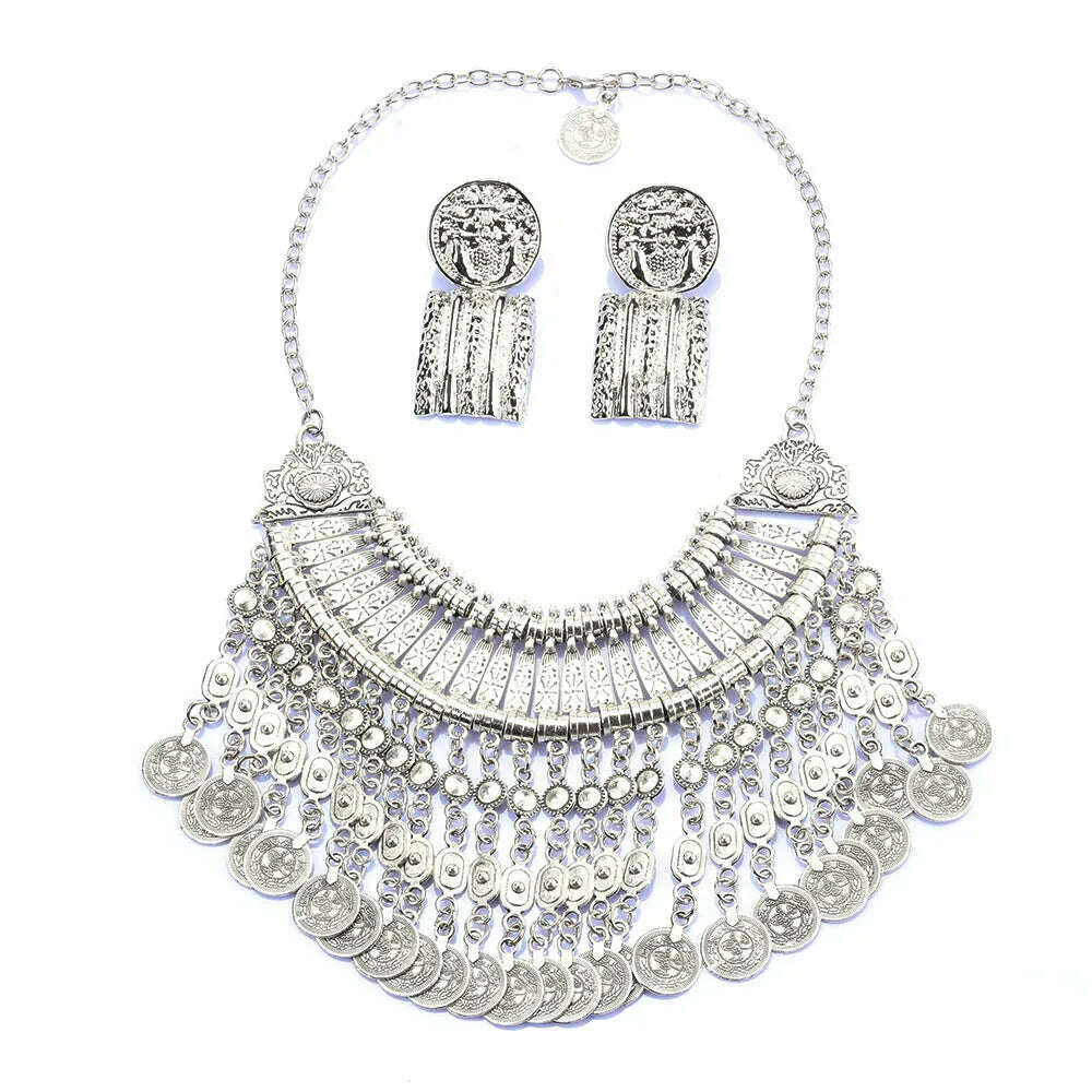 Indian Ethnic Vintage Coins Tassel Statement Necklace Women Jewelry Sets Boho Retro Metal Large Collar Choker Necklace Earrings - KIMLUD