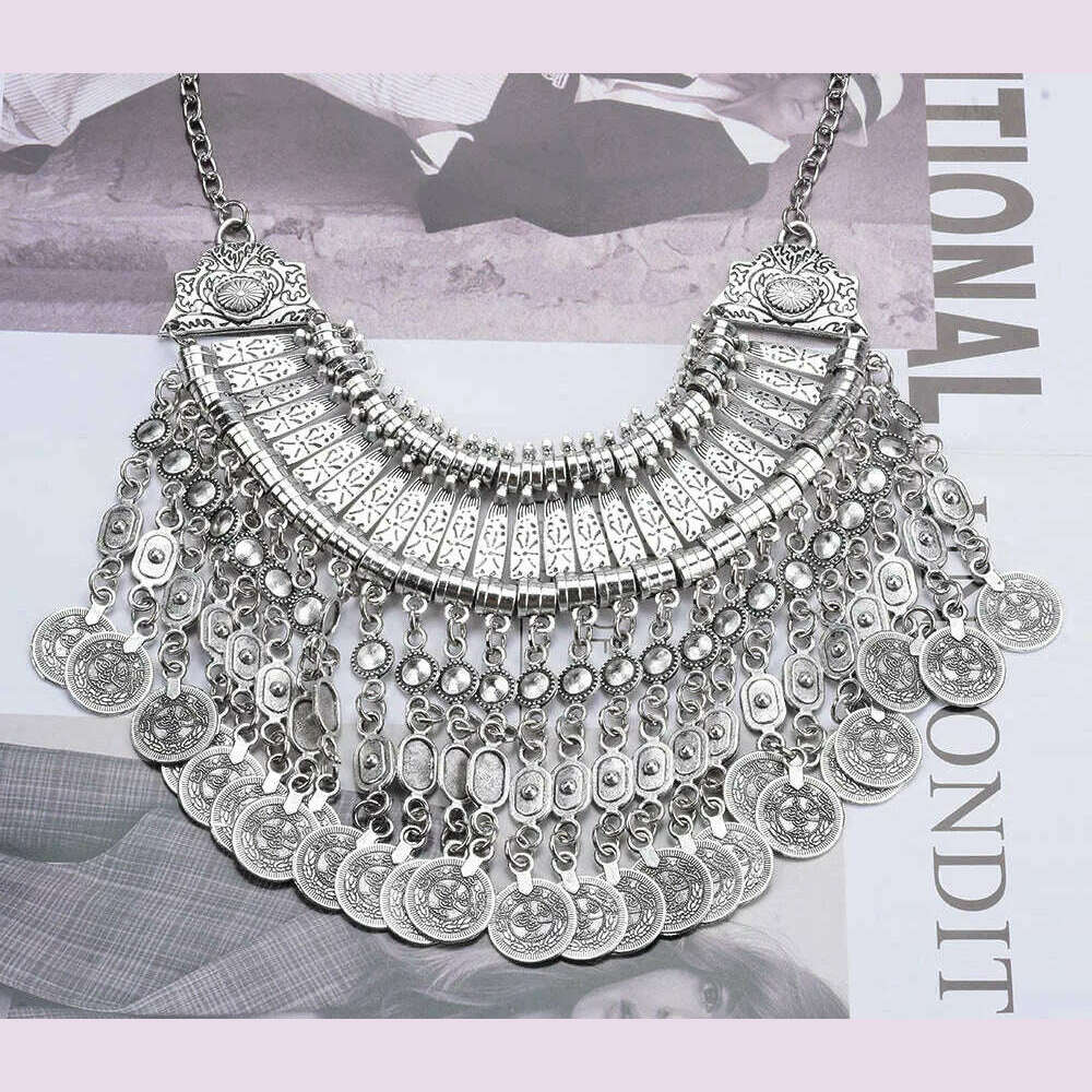 Indian Ethnic Vintage Coins Tassel Statement Necklace Women Jewelry Sets Boho Retro Metal Large Collar Choker Necklace Earrings - KIMLUD