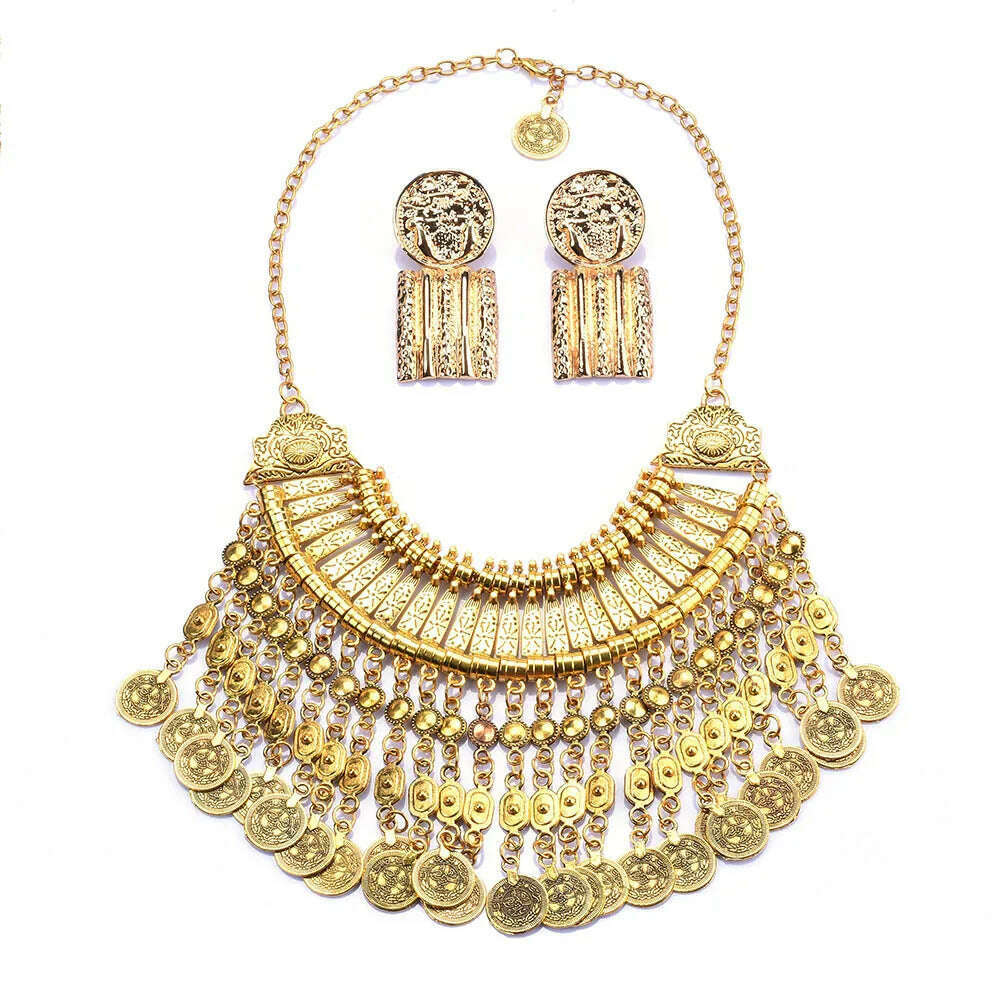 KIMLUD, Indian Ethnic Vintage Coins Tassel Statement Necklace Women Jewelry Sets Boho Retro Metal Large Collar Choker Necklace Earrings, KIMLUD Womens Clothes