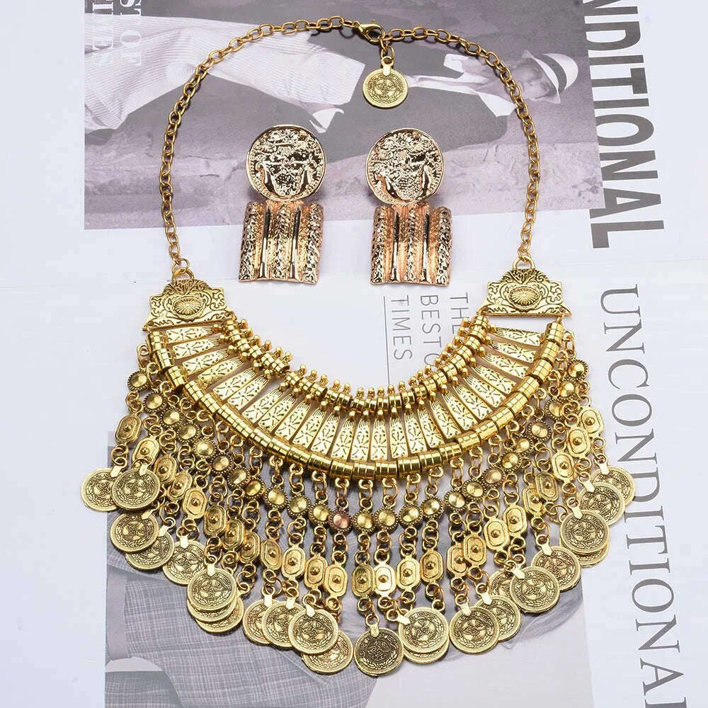 KIMLUD, Indian Ethnic Vintage Coins Tassel Statement Necklace Women Jewelry Sets Boho Retro Metal Large Collar Choker Necklace Earrings, KIMLUD Womens Clothes