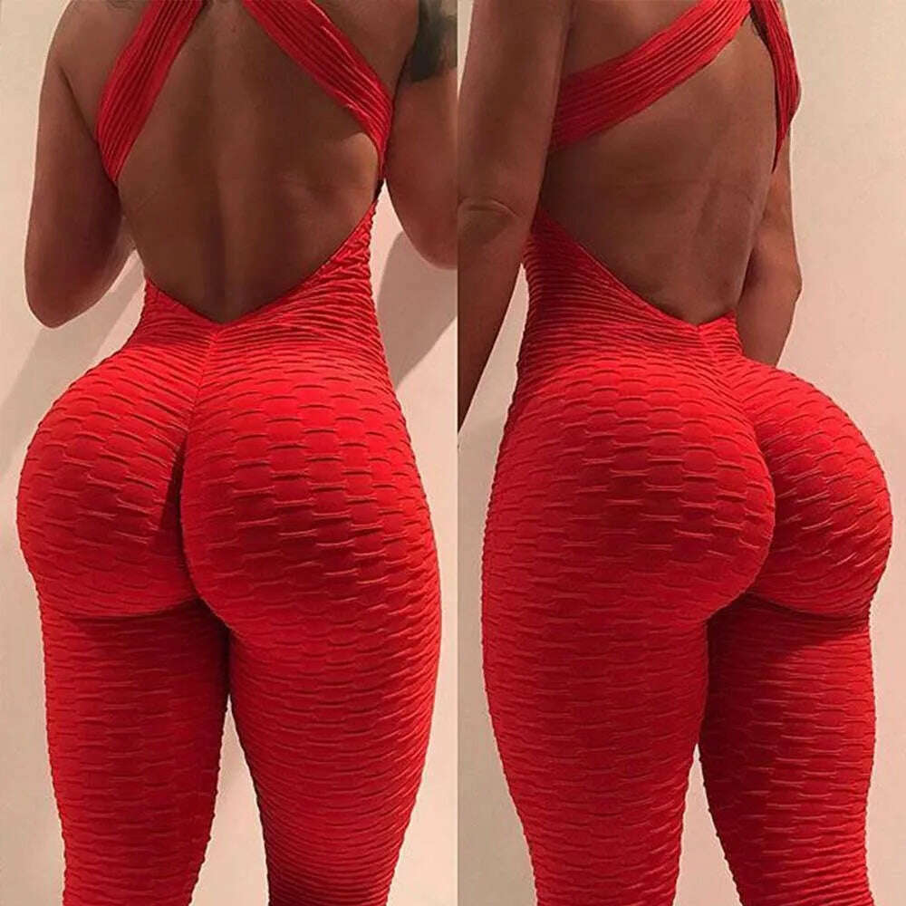 INFILAR Women Bodysuit Female Yoga Sport Sets Sleeveless Backless Sexy High Waist Leggings One Piece Fitness Jumsuits Sportswear - KIMLUD