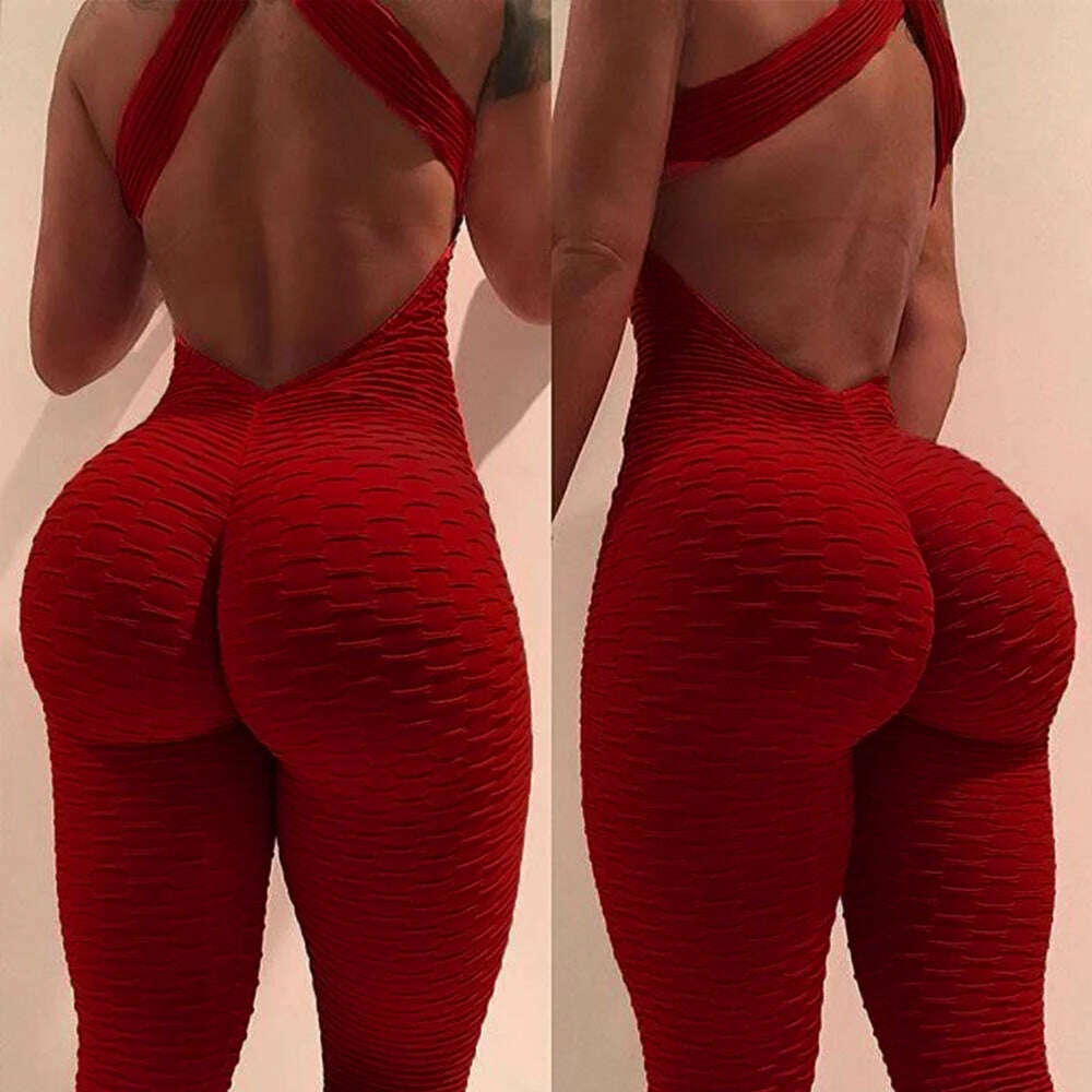 INFILAR Women Bodysuit Female Yoga Sport Sets Sleeveless Backless Sexy High Waist Leggings One Piece Fitness Jumsuits Sportswear - KIMLUD