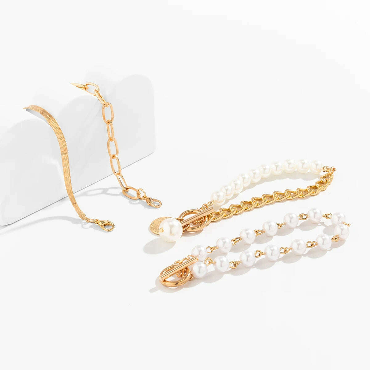 Ingemark Boho Imitation Pearl Chain Coin Pendant Bracelets Set for Women on Hand Vintage Snake Link Bangles Couple Wrist Jewelry - KIMLUD