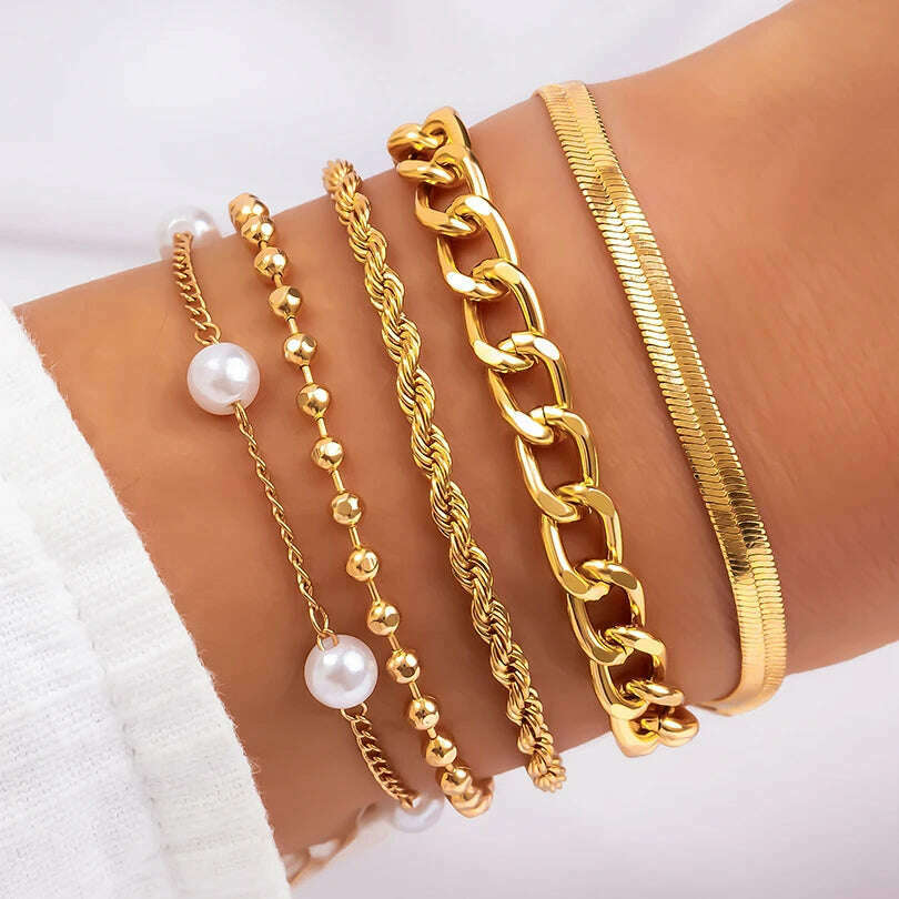 Ingemark Boho Imitation Pearl Chain Coin Pendant Bracelets Set for Women on Hand Vintage Snake Link Bangles Couple Wrist Jewelry - KIMLUD