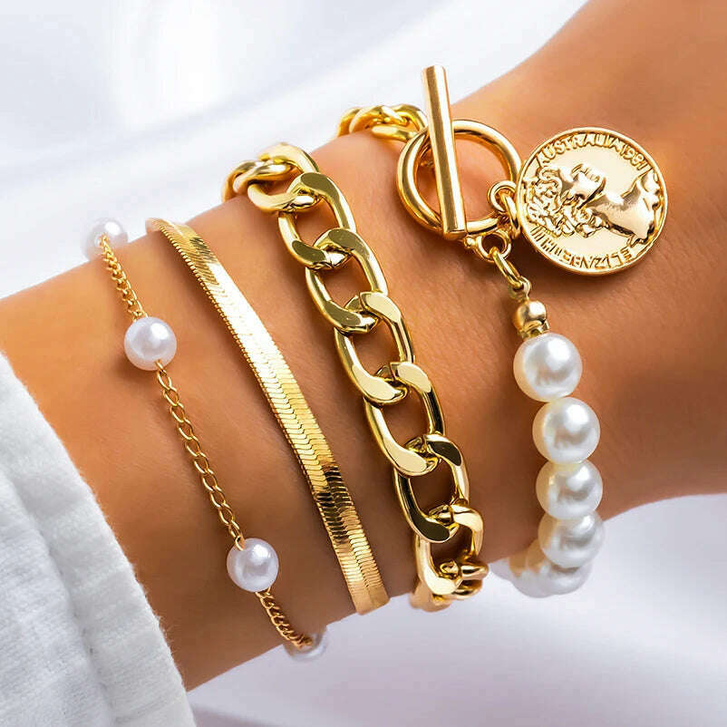 Ingemark Boho Imitation Pearl Chain Coin Pendant Bracelets Set for Women on Hand Vintage Snake Link Bangles Couple Wrist Jewelry - KIMLUD
