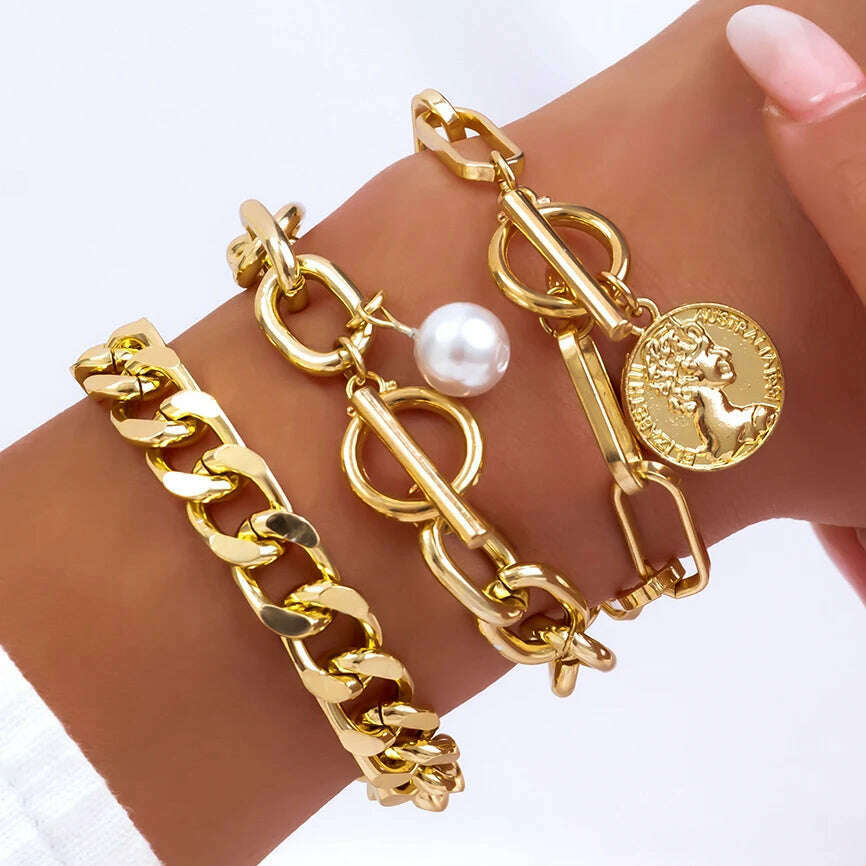 Ingemark Boho Imitation Pearl Chain Coin Pendant Bracelets Set for Women on Hand Vintage Snake Link Bangles Couple Wrist Jewelry - KIMLUD