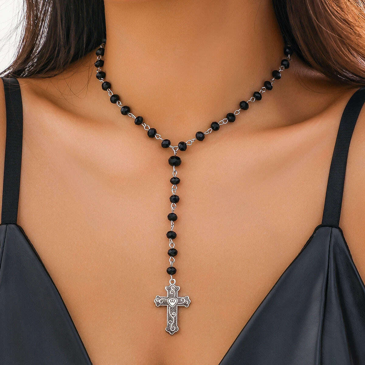 KIMLUD, Ingemark Goth Cross Jesus Pendant Tassel Choker Necklace for Women Trendy Vintage Crystal Beads Chain Y2K Jewelry Accessories, Color 3, KIMLUD APPAREL - Womens Clothes