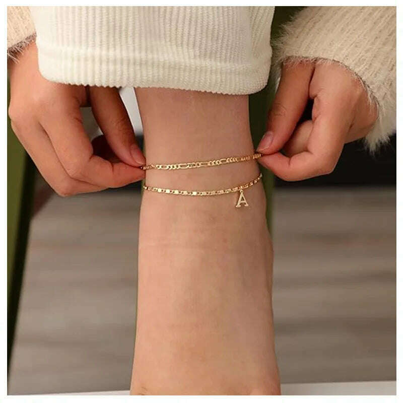 KIMLUD, Initial Layered Waterproof Anklet Bracelets On Leg Layering Thin Figaro Letter Anklets Summer Jewelry Gifts for Women Teen Girls, KIMLUD Womens Clothes