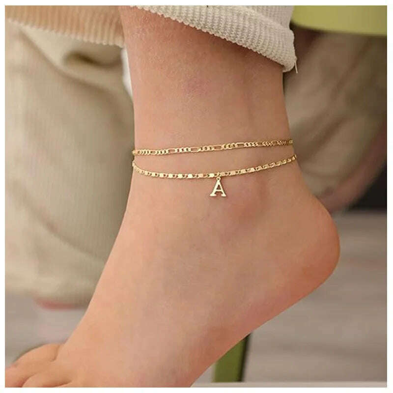 KIMLUD, Initial Layered Waterproof Anklet Bracelets On Leg Layering Thin Figaro Letter Anklets Summer Jewelry Gifts for Women Teen Girls, KIMLUD Womens Clothes