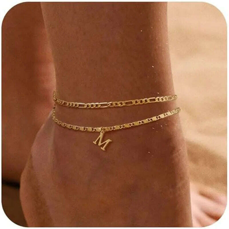 KIMLUD, Initial Layered Waterproof Anklet Bracelets On Leg Layering Thin Figaro Letter Anklets Summer Jewelry Gifts for Women Teen Girls, M, KIMLUD APPAREL - Womens Clothes