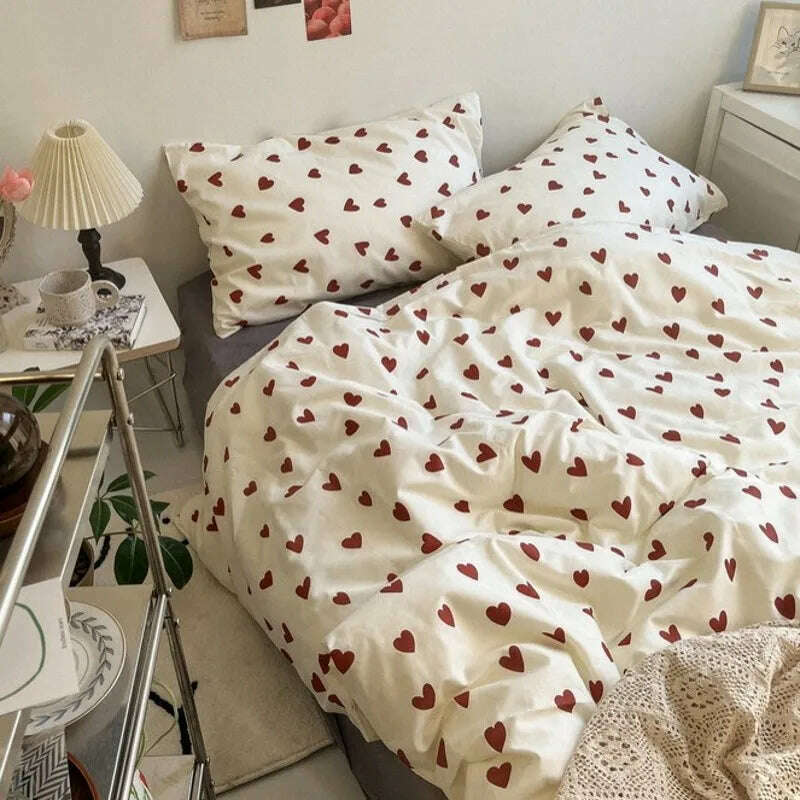 Ins Heart Duvet Cover Set No Filler Flat Sheet Pillowcases Korean Style Floral Single Double Full Size Soft Girl Boys Bed Linens - KIMLUD