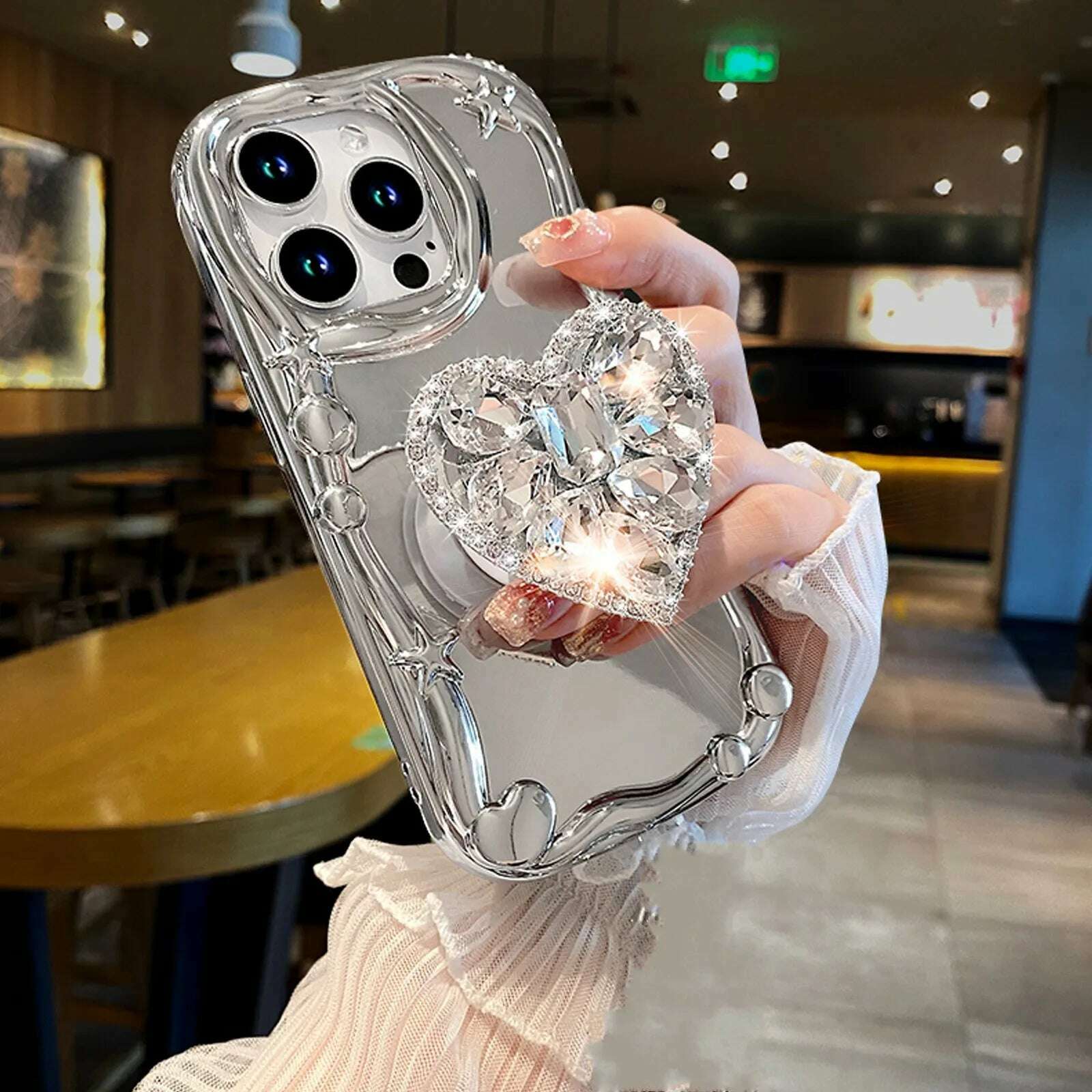 KIMLUD, ins Korea Star Silver Plating 3D Diamond Heart Holder Strap Phone Case For iPhone 15 14 13 12 11 Pro Max  X XS XR 7 8 Plus +, Only Case / for iphone14 (6.1"), KIMLUD APPAREL - Womens Clothes