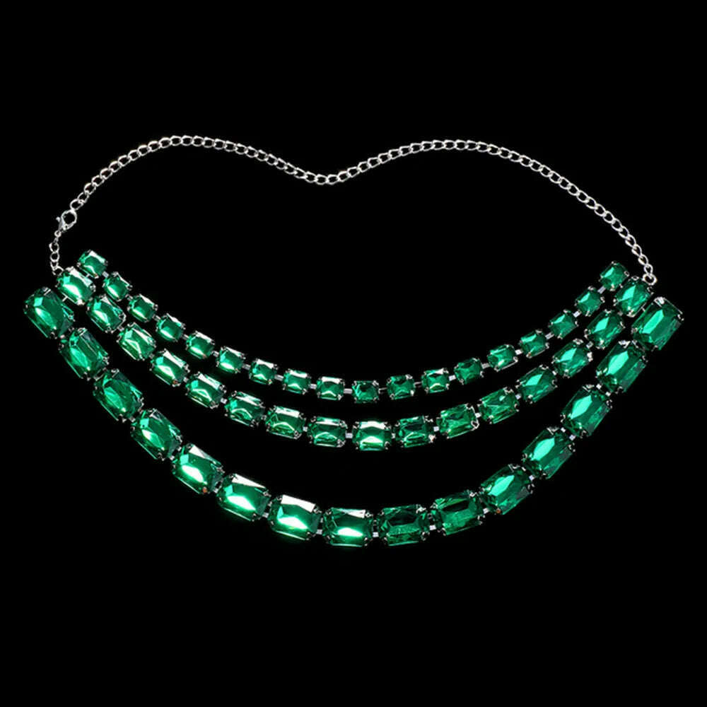 KIMLUD, INS Novelly Crystal Multi Rows Round Oval Square Pendant Necklace for Women Rhinestone Tassel Collar Choker Necklace Accessories, Green / Silver, KIMLUD APPAREL - Womens Clothes