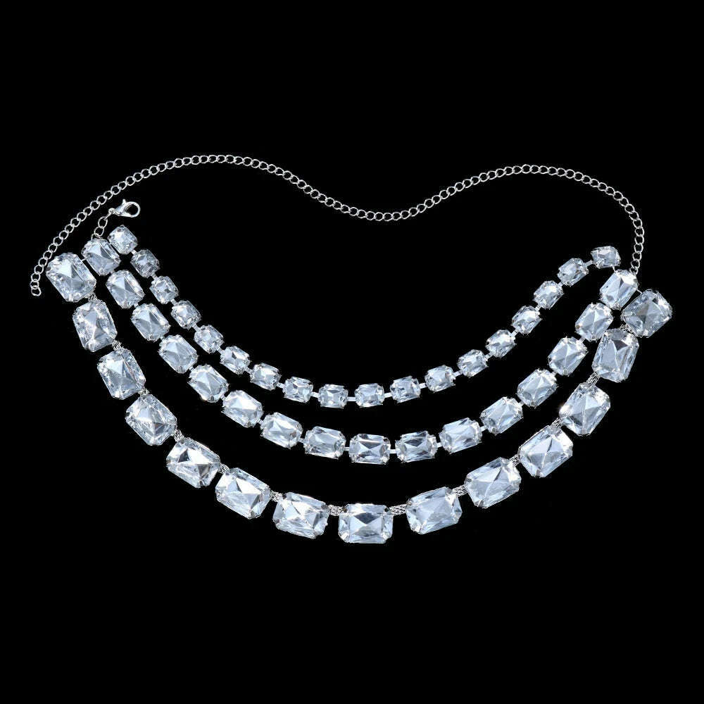 INS Novelly Crystal Multi Rows Round Oval Square Pendant Necklace for Women Rhinestone Tassel Collar Choker Necklace Accessories - KIMLUD