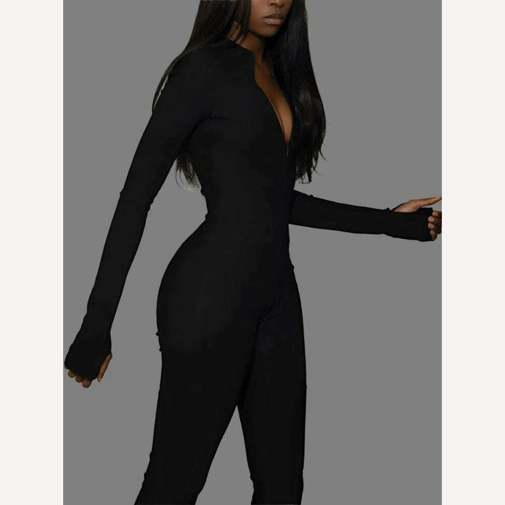 KIMLUD, InstaLike Solid Black/White Bodycon Jumpsuit Overalls Women Sport Rompers Club Outfits Fitness Long Sleeve Zip Elastic One Piece, Black / M, KIMLUD APPAREL - Womens Clothes