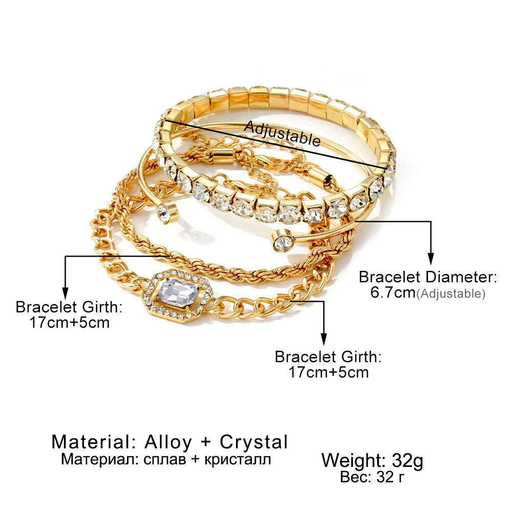 IPARAM 4 Piece Set Luxurious Bracelets for Women Crystal Shiny Adjustable Opening Chain Bracelets Punk Bangle Fashion Jewelry - KIMLUD