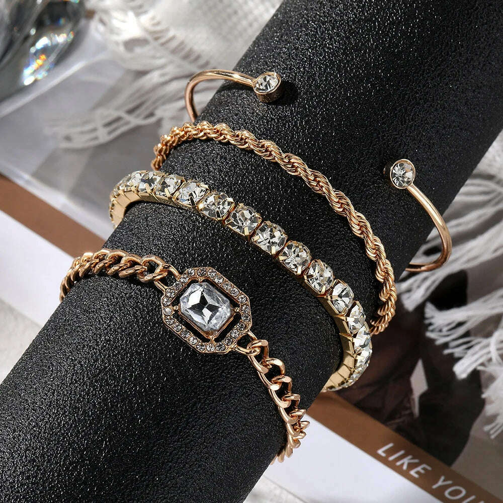 IPARAM 4 Piece Set Luxurious Bracelets for Women Crystal Shiny Adjustable Opening Chain Bracelets Punk Bangle Fashion Jewelry - KIMLUD