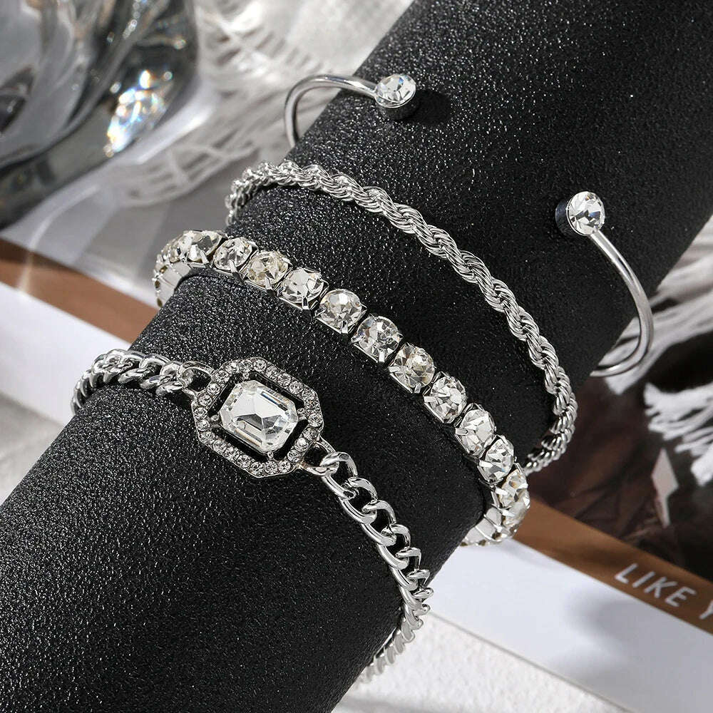 IPARAM 4 Piece Set Luxurious Bracelets for Women Crystal Shiny Adjustable Opening Chain Bracelets Punk Bangle Fashion Jewelry - KIMLUD