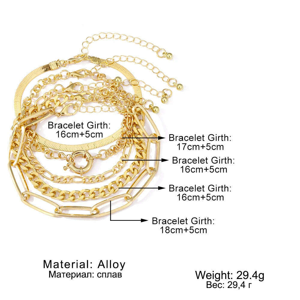 KIMLUD, IPARAM Gold Color Silver Color Charm Bracelet Bangles For Women Punk Curb Cuban Chain Bracelets Set Boho Fashion Jewelry Gifts, KIMLUD Womens Clothes